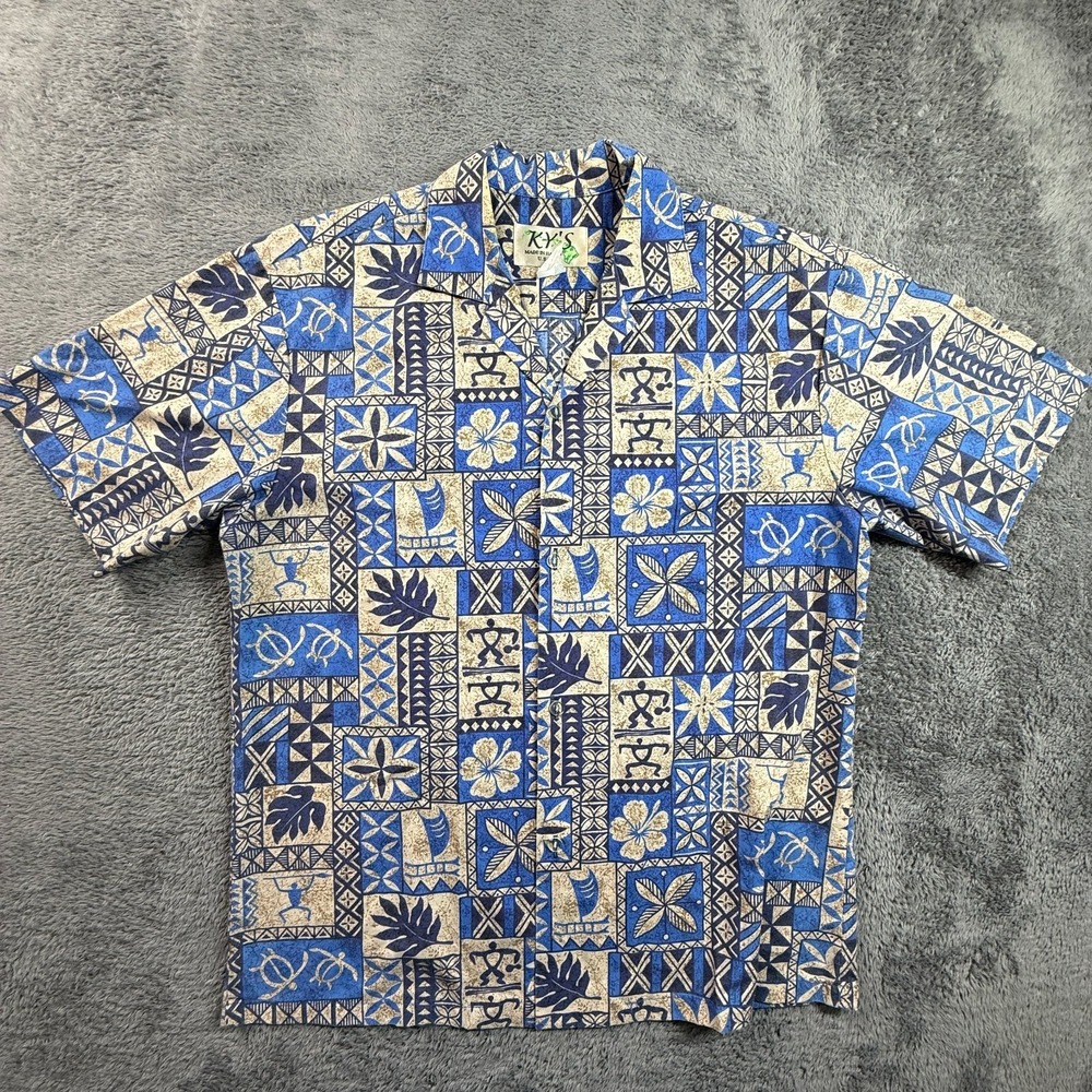Ky's Mens M Hawaiian Shirt Blue Tribal Tapa Print Button Up Short Sleeve Cotton